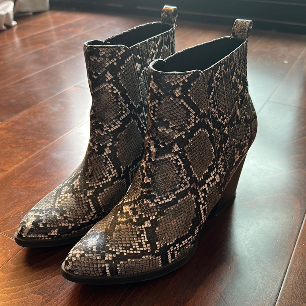 Snake print heeled booties